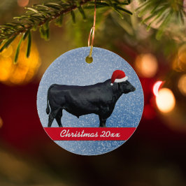 Ornamento De Cerâmica Angus Negro Personalizado e Santa Hat