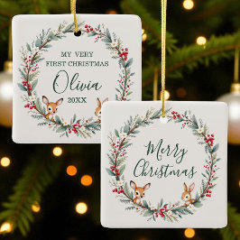 Ornamento De Cerâmica Animais da Floresta Bebê Primeiro Feliz Natal