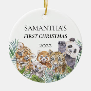 Ornamento De Cerâmica Animais da Selva Fofos Primeiro Natal Monograma