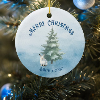 Ornamento De Cerâmica Animais de floresta e lebre árctica Natal Azul