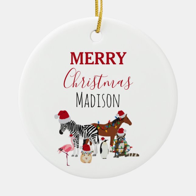 Ornamento De Cerâmica Animais de Natal Engraçados e Personalizados Luzes (Frente)