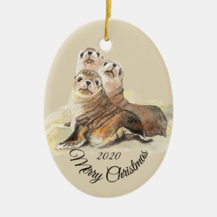Ornamento De Cerâmica Animais de Seal de Cores de Água com Data de Natal