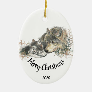 Ornamento De Cerâmica Animais de tratamento personalizados de lobo e cub