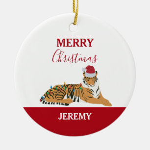 Ornamento De Cerâmica Animais Engraçados de Natal Tiger com Cartão de Pa