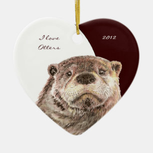 Ornamento De Cerâmica Animal da Custom Dated Watercolor "I love Otters"