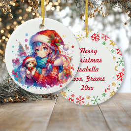 Ornamento De Cerâmica Anime Girl in Santa Hat Watercolor Christmas