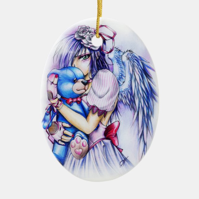 Ornamento De Cerâmica Anime Gótico Anjo Rosa Menina Com Teddy (Frente)