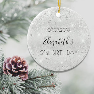 Ornamento De Cerâmica Aniversário, cintilação prateada nome de poeira