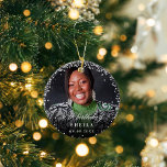 Ornamento De Cerâmica Aniversário com brilho de prata brilha nome da fot<br><div class="desc">Personalize e adicione uma foto,  idade,  nome e data. Texto branco. Com uma camada preta e faíscas prateadas falsas,  confetti.</div>