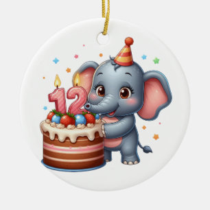Ornamento De Cerâmica Aniversário de 12 anos de Elefante Fofo