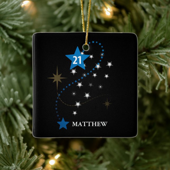 Ornamento De Cerâmica aniversário de 21 anos Azul e Preto Personalizado (Árvore)