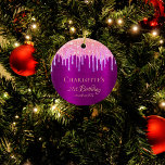 Ornamento De Cerâmica aniversário de 21 anos roxo brilho obrigado arco-í<br><div class="desc">Elegante, clássico, glamouroso e feminino para um aniversário de 21 anos. Uma película metálica fina e roxa com aspecto de fundo. O texto: aniversário de 21 anos e Obrigado, escrito com um moderno estilo escrito à mão. Decorado com pingos de brilho fino coloridos do arco-íris, pingos de tinta parecem em...</div>