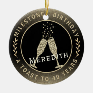 Ornamento De Cerâmica aniversário de 40 anos Champagne Toast Name Dourad
