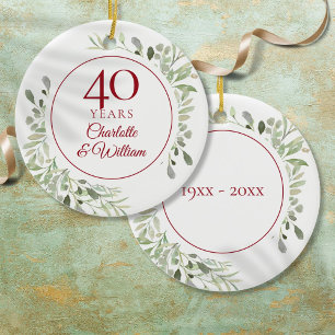 Ornamento De Cerâmica Aniversário de 40 Anos de Casamento em Aquarela Ru