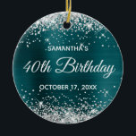 Ornamento De Cerâmica Aniversário de 40 anos de folha de folhas azuis co<br><div class="desc">Crie seu próprio ornamento aniversário de 40 anos para sua irmã. Personalize o texto do bloco e/ou o estilo da fonte de caligrafia. Altere o texto para qualquer aniversário especial ou de etapa. O fundo da arte digital apresenta um falso brilho prateado e uma folha azul de cor azul. Na...</div>