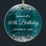 Ornamento De Cerâmica Aniversário de 40 anos de folha de folhas azuis co<br><div class="desc">Crie seu próprio ornamento aniversário de 40 anos para sua irmã. Personalize o texto do bloco e/ou o estilo da fonte de caligrafia. Altere o texto para qualquer aniversário especial ou de etapa. O fundo da arte digital apresenta um falso brilho prateado e uma folha azul de cor azul. Na...</div>