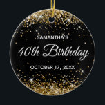 Ornamento De Cerâmica Aniversário de 40 anos de Folha Preta com Brilho D<br><div class="desc">Crie seu próprio ornamento em círculo aniversário de 40 anos para seu primo Você pode personalizar o texto em bloco ou o texto da caligrafia ou o estilo de fonte. O fundo da arte digital apresenta uma falsa brilha dourada com papel fotográfico de cinza preta e escura. Na parte de...</div>