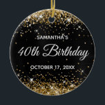 Ornamento De Cerâmica Aniversário de 40 anos de Folha Preta com Brilho D<br><div class="desc">Crie seu próprio ornamento em círculo aniversário de 40 anos para seu primo Você pode personalizar o texto em bloco ou o texto da caligrafia ou o estilo de fonte. O fundo da arte digital apresenta uma falsa brilha dourada com papel fotográfico de cinza preta e escura. Na parte de...</div>