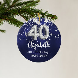 Ornamento De Cerâmica aniversário de 40 anos marinho estrelas prateadas