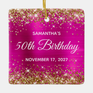 Ornamento De Cerâmica Aniversário de 50 anos em Glitter Dourado e Folha 