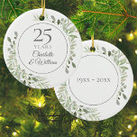 Ornamento De Cerâmica Aniversário de Casamento com 25 de Watercolor<br><div class="desc">Apresentando delicadas folhas de aquarela,  esta design de 25 de aniversário de casamento botânico pode ser personalizada com suas informações especiais de vinte e cinco anos em texto elegante de prata. Projetado por Thisnotme©</div>