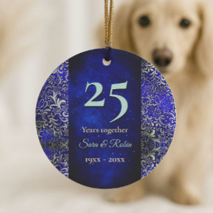 Ornamento De Cerâmica aniversário de casamento de Natal azul floral real
