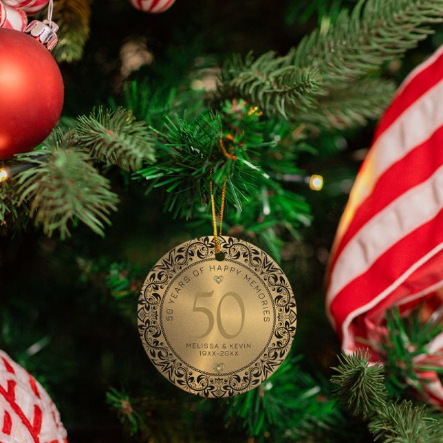 Ornamento De Cerâmica Aniversário de Casamento do Círculo Floral Negro 5 (Criador carregado)