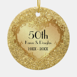 Ornamento De Cerâmica Aniversário de Casamento do Sparkle Dourado Heart