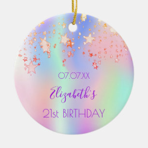 Ornamento De Cerâmica Aniversário de estrelas roxas cor-de-rosa pia nome