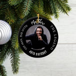 Ornamento De Cerâmica Aniversário de fotos da lenda do mito<br><div class="desc">Um clássico fundo negro. Texto: O Homem,  O Mito,  A Lenda. Personalize e adicione seu nome,  idade e foto.</div>
