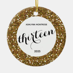 Ornamento De Cerâmica Aniversário do 13 de Glitter Dourado Personalizado