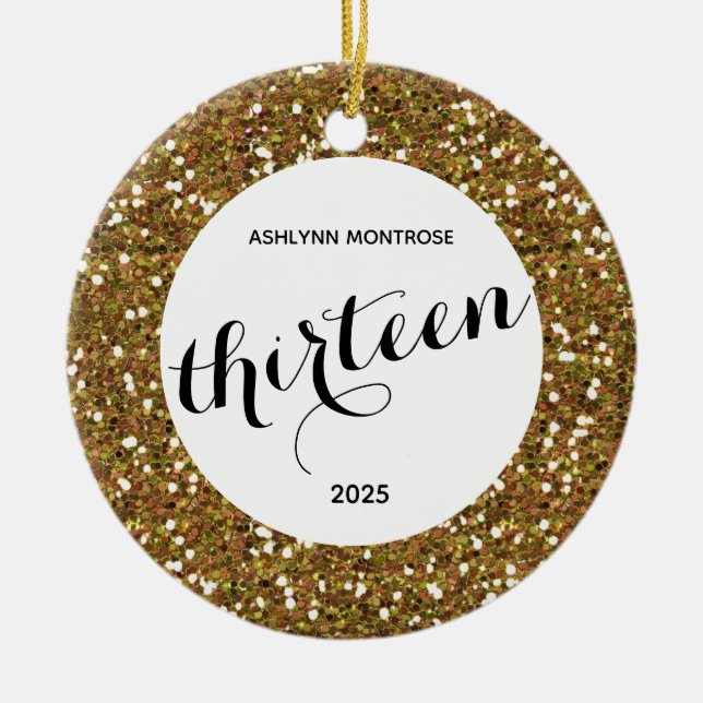 Ornamento De Cerâmica Aniversário do 13 de Glitter Dourado Personalizado (Frente)