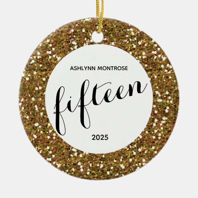 Ornamento De Cerâmica Aniversário do 15 de Glitter Dourado Personalizado (Frente)