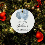 Ornamento De Cerâmica Aniversário dos balões azuis brancos<br><div class="desc">Um ornamento para um aniversário de 18 anos (ou qualquer idade) feminino e glamouroso. Um fundo branco com balões azuis-claros. Personalize e adicione uma data,  um nome e uma idade.</div>