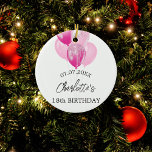 Ornamento De Cerâmica Aniversário dos balões brancos rosa<br><div class="desc">Um ornamento para um aniversário de 18 anos (ou qualquer idade) feminino e glamouroso. Um fundo branco com balões rosa. Personalize e adicione uma data,  um nome e uma idade.</div>