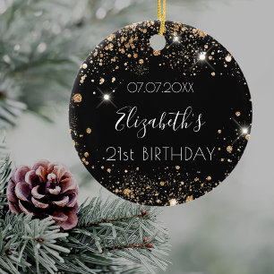 Ornamento De Cerâmica Aniversário dourado preto dourado brilhante nome d