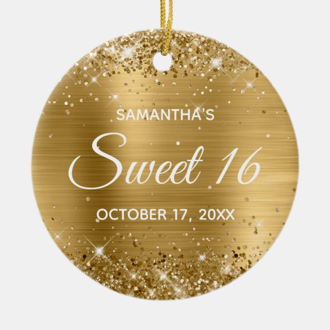 Ornamento De Cerâmica Aniversário Glittery Gold Foil Sweet 16 (Frente)