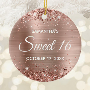 Ornamento De Cerâmica Aniversário Glittery Rosa Gold Foil Sweet 16
