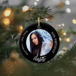 Ornamento De Cerâmica Aniversário personalizado de fotografia em branco<br><div class="desc">Um clássico fundo negro. Personalize e adicione um nome,  data,  idade e foto.</div>