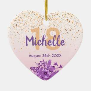 Ornamento De Cerâmica Aniversário rosa dourado floral roxo