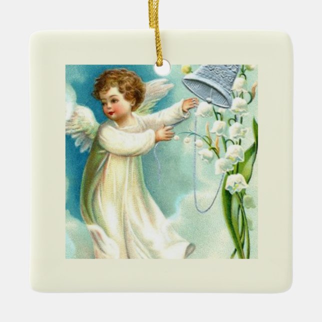 Ornamento De Cerâmica Anjo Bebê Com Sino Azul  (Frente)