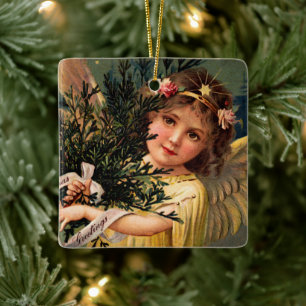 Ornamento De Cerâmica Anjo com um Braçado de Verde de Natal