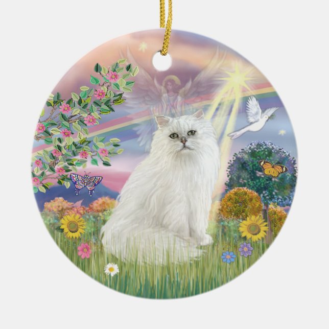 Ornamento De Cerâmica Anjo das Nuvens - Gato Persa Branco (Frente)