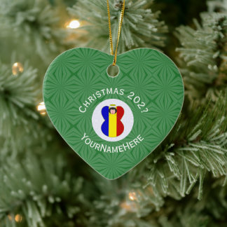 Ornamento De Cerâmica Anjo de Natal Bandeira Romena Nome Ano Coração