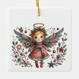 Ornamento De Cerâmica Anjo de Natal Caprichoso com Asas Multicoloridas