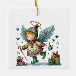 Ornamento De Cerâmica Anjo de Natal Caprichoso de Patins no Gelo