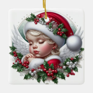 Ornamento De Cerâmica Anjo de Natal e Azevinho