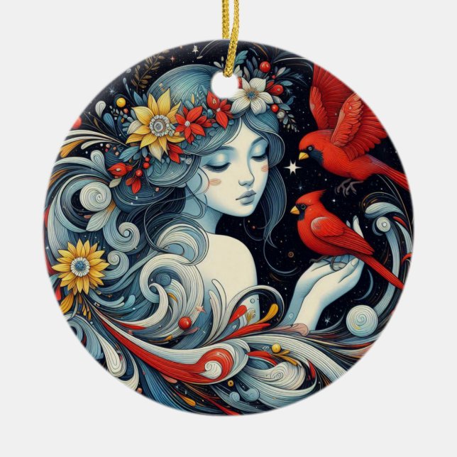 Ornamento De Cerâmica Anjo de Natal e Cardinhos (Frente)