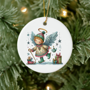 Ornamento De Cerâmica Anjo de Natal em Skates de gelo