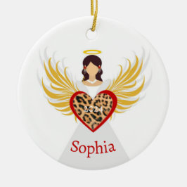 Ornamento De Cerâmica Anjo de Natal Red Heart Leopard Wings Nome Present